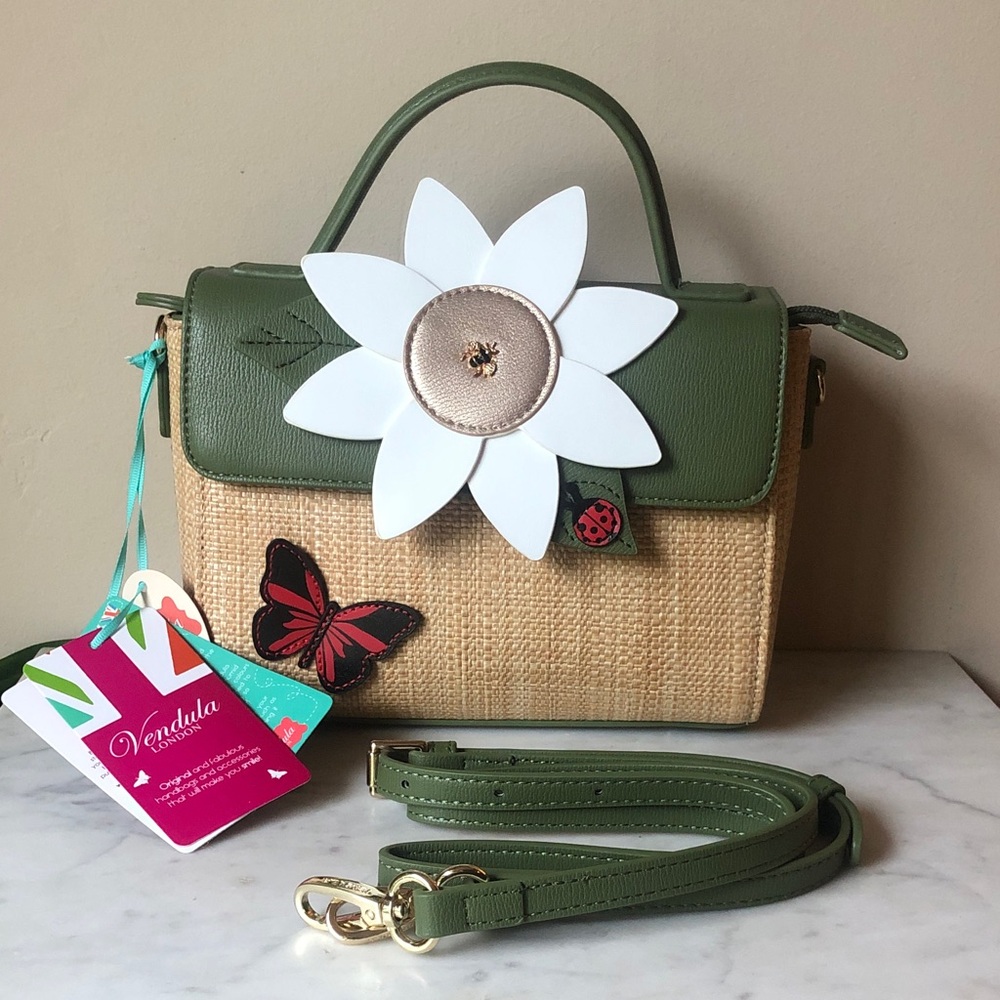 Vendula London RARE Olive Green Floral Applique Straw Top-Handle Bag NWT